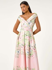 Roman Pink Floral Print Bardot Midi Stretch Dress - Image 2 of 5
