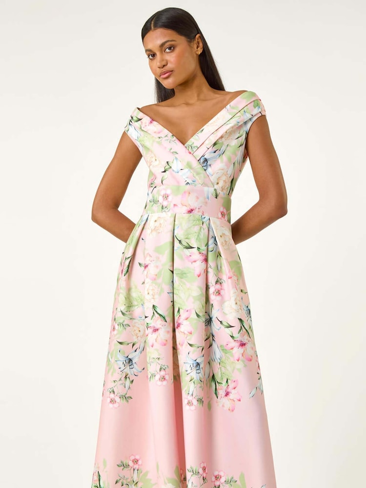 Roman Floral Print Bardot Midi Stretch Dress - Imagen 2 de 5 Roman Floral Print Bardot Midi Stretch Dress - Imagen 2 de 5