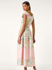 Roman Pink Floral Print Bardot Midi Stretch Dress - Image 3 of 5