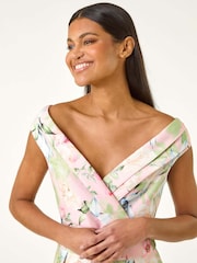 Roman Pink Floral Print Bardot Midi Stretch Dress - Image 4 of 5