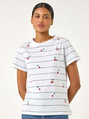 Blanco - Roman Embroidered Cherry 100% Cotton T-Shirt - Imagen 2 de 5
