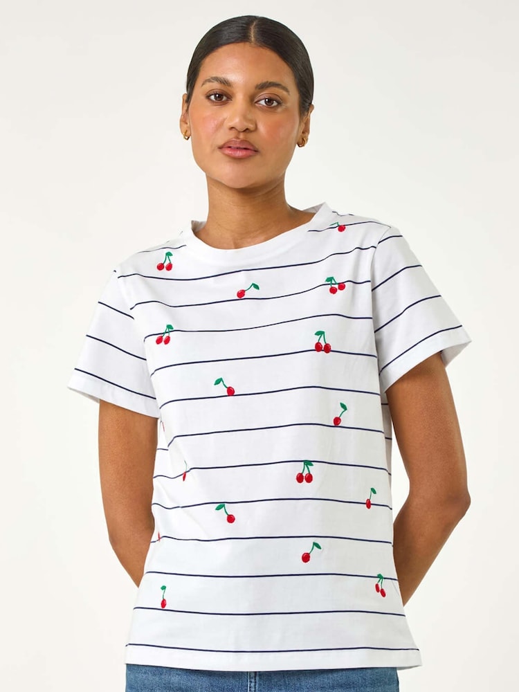 Blanco - Roman Embroidered Cherry 100% Cotton T-Shirt - Imagen 2 de 5