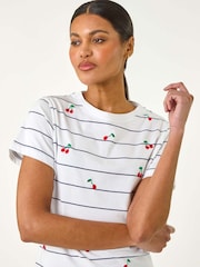Blanco - Roman Embroidered Cherry 100% Cotton T-Shirt - Imagen 4 de 5