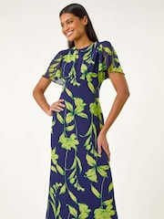 Roman Blue Leaf Print Back Tie Midi Dress - Image 1 of 5