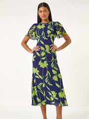 Roman Blue Leaf Print Back Tie Midi Dress - Image 2 of 5
