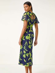 Roman Blue Leaf Print Back Tie Midi Dress - Image 3 of 5