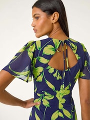 Roman Blue Leaf Print Back Tie Midi Dress - Image 4 of 5