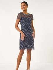 Roman Blue Sequin Embellished Sheer Shift Dress - Image 1 of 5