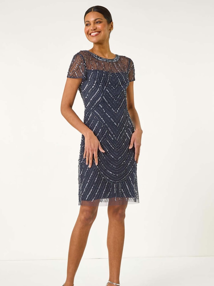 Roman Blue Sequin Embellished Sheer Shift Dress - Image 1 of 5