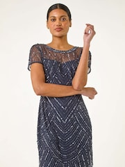 Roman Blue Sequin Embellished Sheer Shift Dress - Image 2 of 5