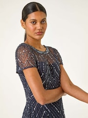 Roman Blue Sequin Embellished Sheer Shift Dress - Image 4 of 5