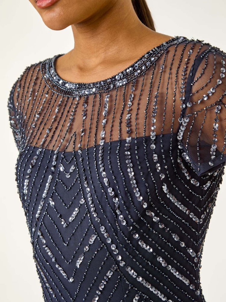 Roman Blue Sequin Embellished Sheer Shift Dress - Image 5 of 5