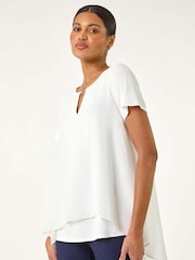 Roman White Ring Front Chiffon Overlay Blouse - Image 2 of 5