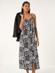 Roman Black Abstract Gathered Strappy Midi Dress - Image 1 of 5