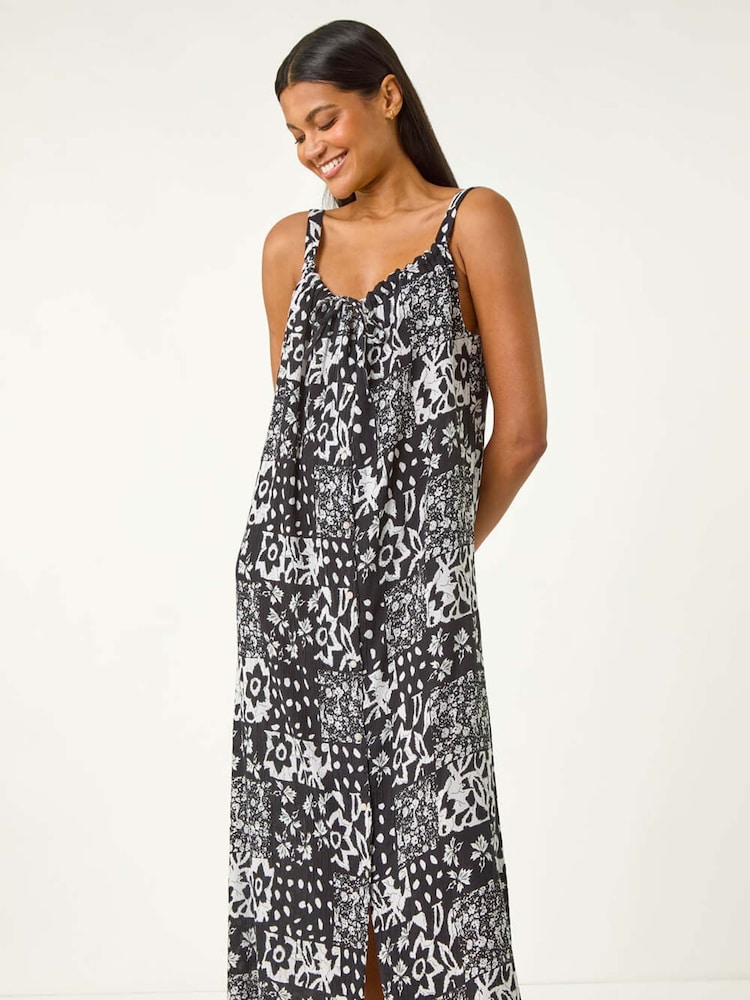 Roman Black Abstract Gathered Strappy Midi Dress - Image 2 of 5
