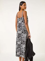 Roman Black Abstract Gathered Strappy Midi Dress - Image 3 of 5