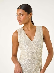 Roman Metallic Sequin Side Twist Wrap Maxi Dress - Image 3 of 5