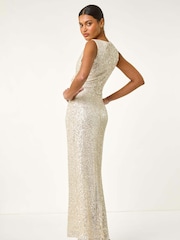 Roman Metallic Sequin Side Twist Wrap Maxi Dress - Image 4 of 5