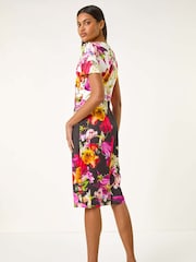 Roman White Floral Print Twist V-Neck Stretch Dress - Image 3 of 5