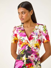 Roman White Floral Print Twist V-Neck Stretch Dress - Image 4 of 5