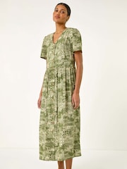 Roman Green Geo Print Button Midi Dress - Image 1 of 5