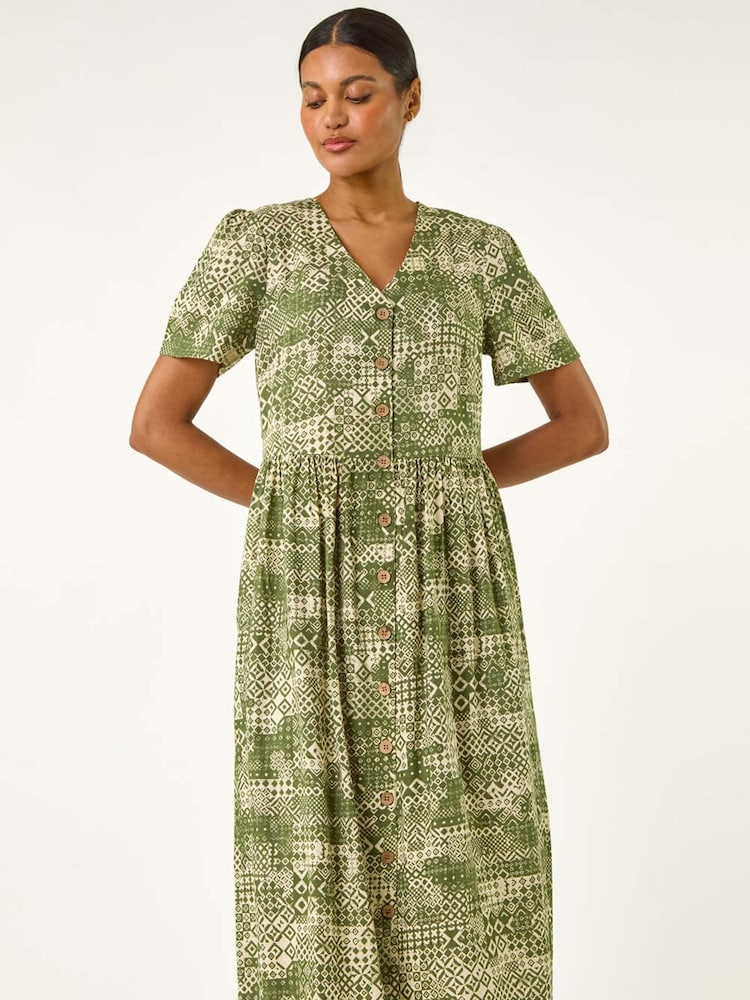 Roman Green Geo Print Button Midi Dress - Image 2 of 5