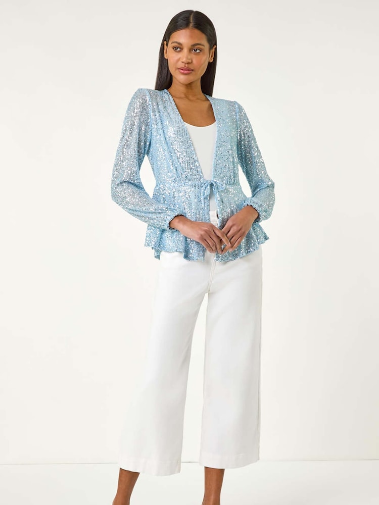 Roman Blue Sequin Tie Front Stretch Cardigans - Image 2 of 5 Roman Blue Sequin Tie Front Stretch Cardigans - Image 2 of 5