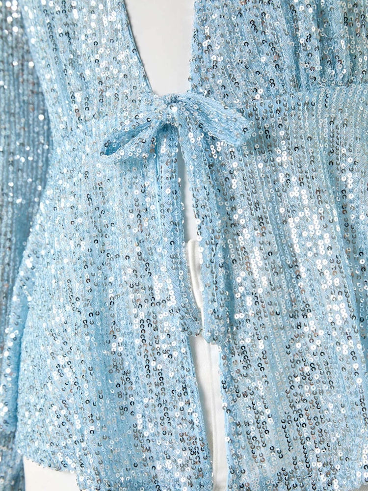 Roman Blue Sequin Tie Front Stretch Cardigans - Image 5 of 5 Roman Blue Sequin Tie Front Stretch Cardigans - Image 5 of 5