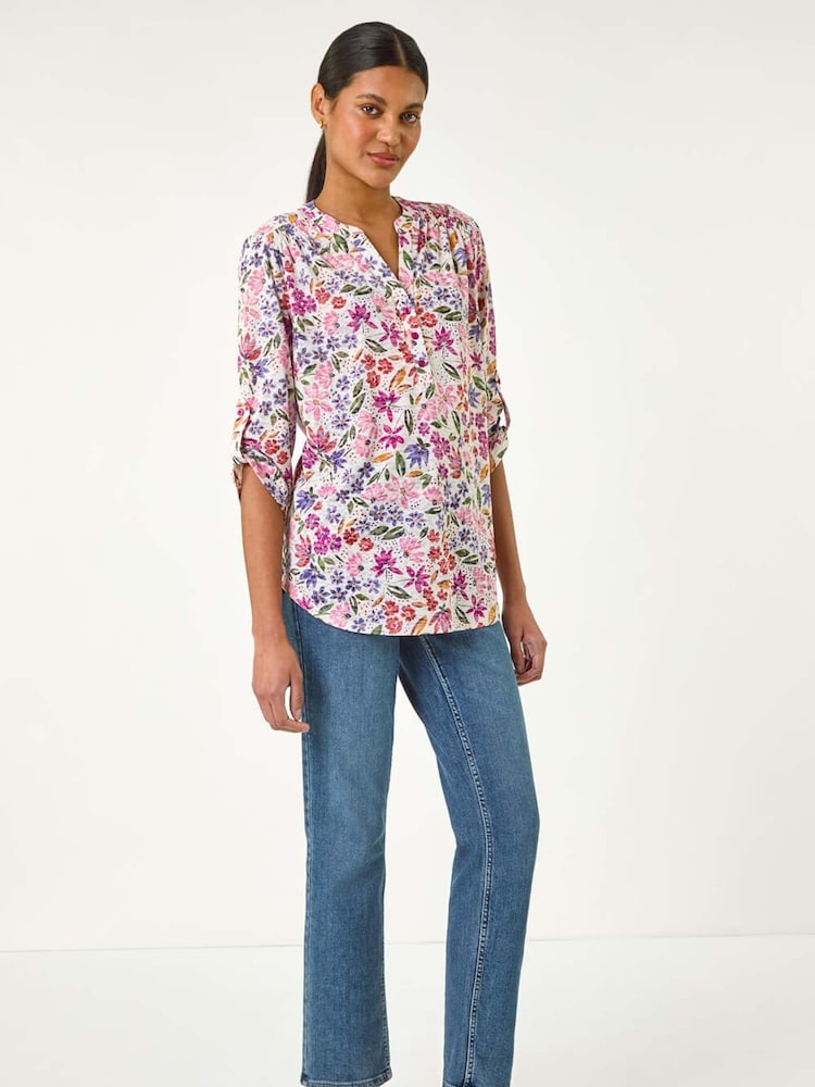 Roman Pink Floral Print Burnout V-Neck Blouse - Image 2 of 5 Roman Pink Floral Print Burnout V-Neck Blouse - Image 2 of 5