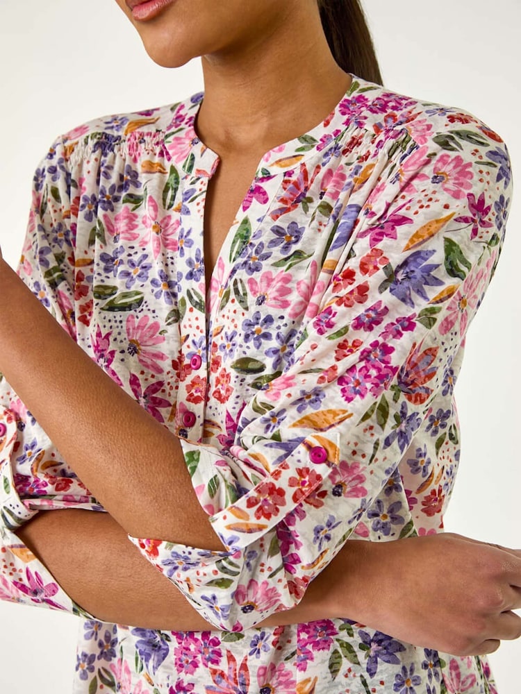 Roman Pink Floral Print Burnout V-Neck Blouse - Image 5 of 5 Roman Pink Floral Print Burnout V-Neck Blouse - Image 5 of 5