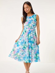 Roman Blue Petite Abstract Pleated Midi Dress - Image 1 of 5