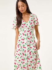 Roman Red Petite Cherry Print Button Midi Dress - Image 1 of 5