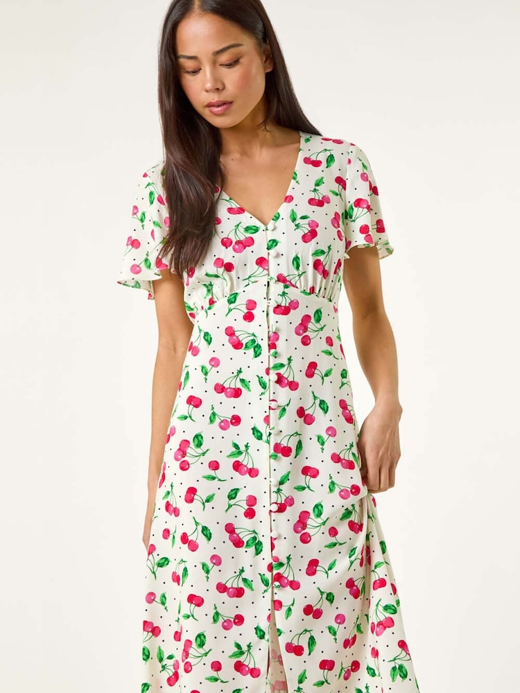 Roman Red Petite Cherry Print Button Midi Dress - Image 1 of 5