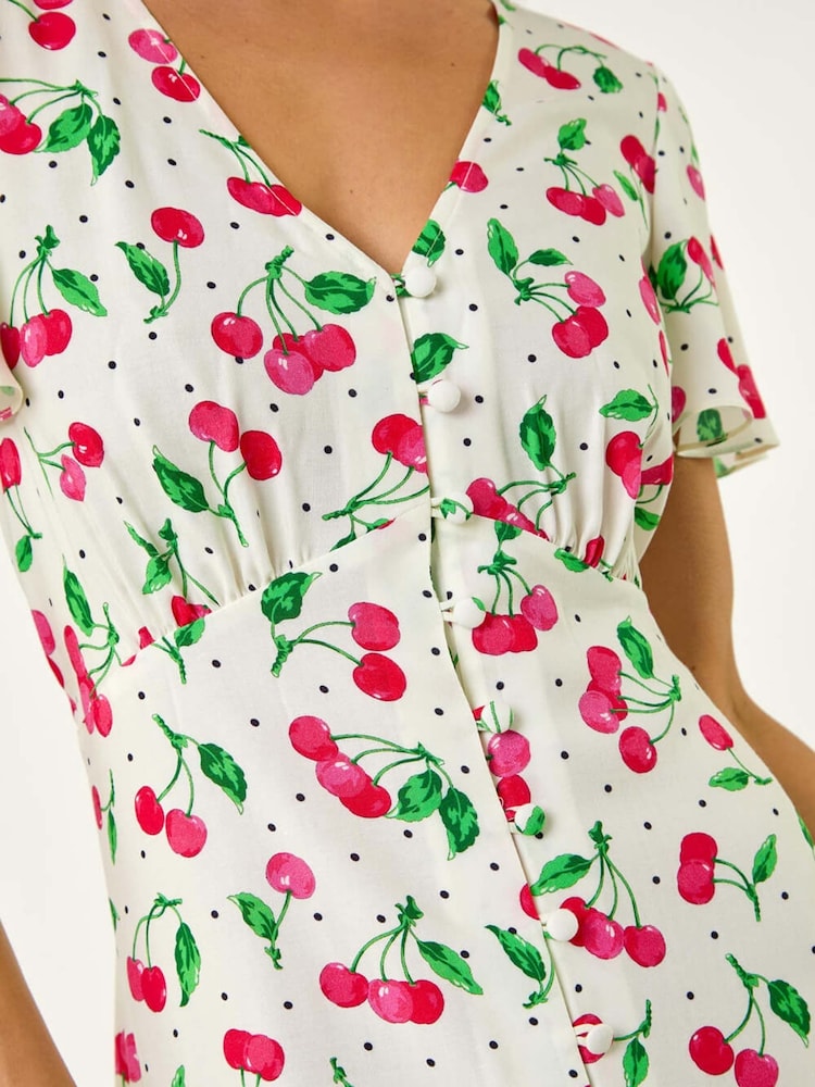 Roman Red Petite Cherry Print Button Midi Dress - Image 5 of 5
