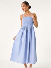 Roman Blue Petite Stripe Strappy Shirred 100% Cotton Dress - Image 1 of 5