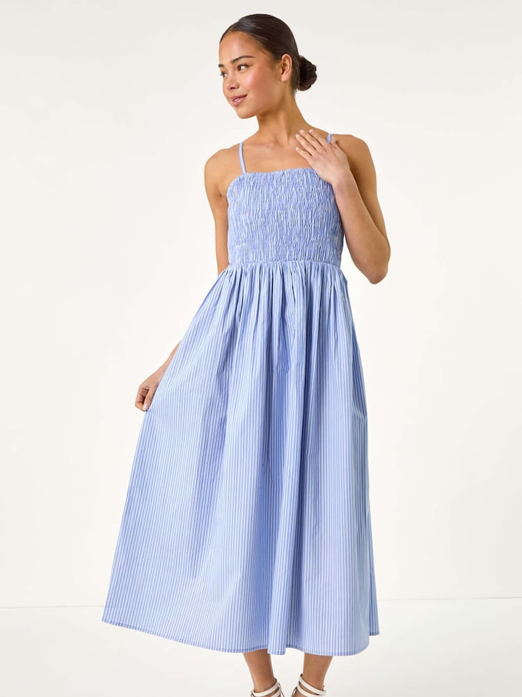 Roman Blue Petite Stripe Strappy Shirred 100% Cotton Dress - Image 1 of 5