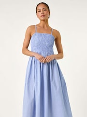 Roman Blue Petite Stripe Strappy Shirred 100% Cotton Dress - Image 2 of 5