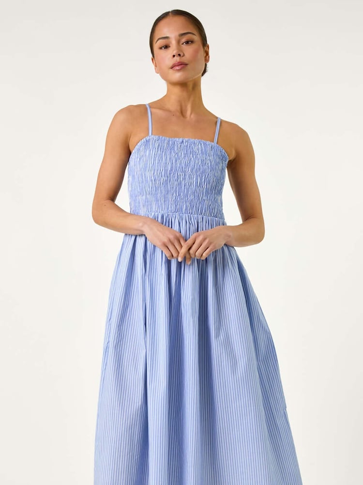 Roman Blue Petite Stripe Strappy Shirred 100% Cotton Dress - Image 2 of 5
