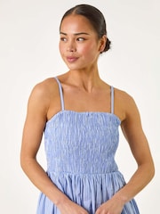 Roman Blue Petite Stripe Strappy Shirred 100% Cotton Dress - Image 4 of 5