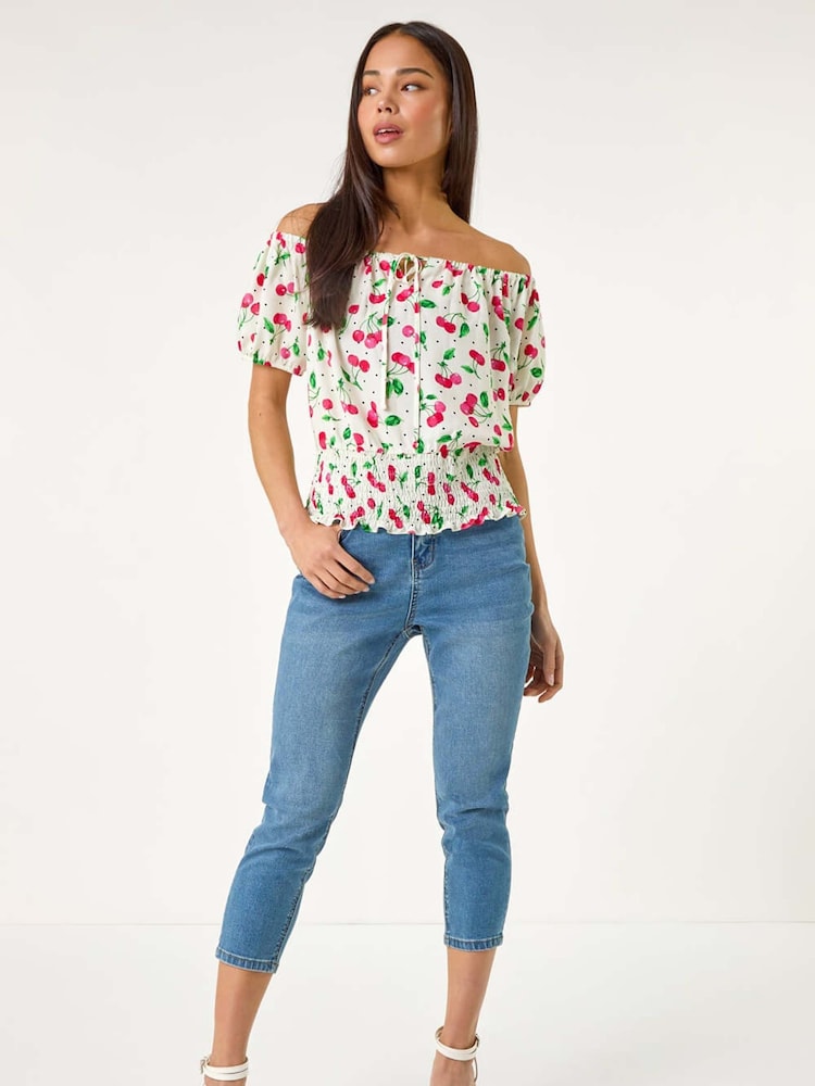 Roman Red Petite Print Bardot Blouson Blouse - Image 2 of 5 Roman Red Petite Print Bardot Blouson Blouse - Image 2 of 5