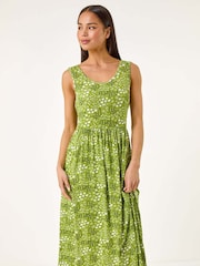 Roman Green Petite Ditsy Floral Print Gathered Dress - Image 1 of 5