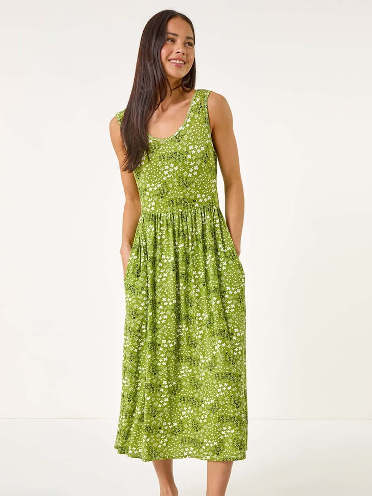 Roman Green Petite Ditsy Floral Print Gathered Dress - Image 2 of 5