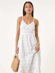 Roman White Petite Broderie Strappy 100% Cotton Maxi Dress - Image 1 of 5