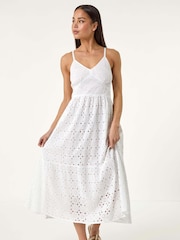 Roman White Petite Broderie Strappy 100% Cotton Maxi Dress - Image 2 of 5