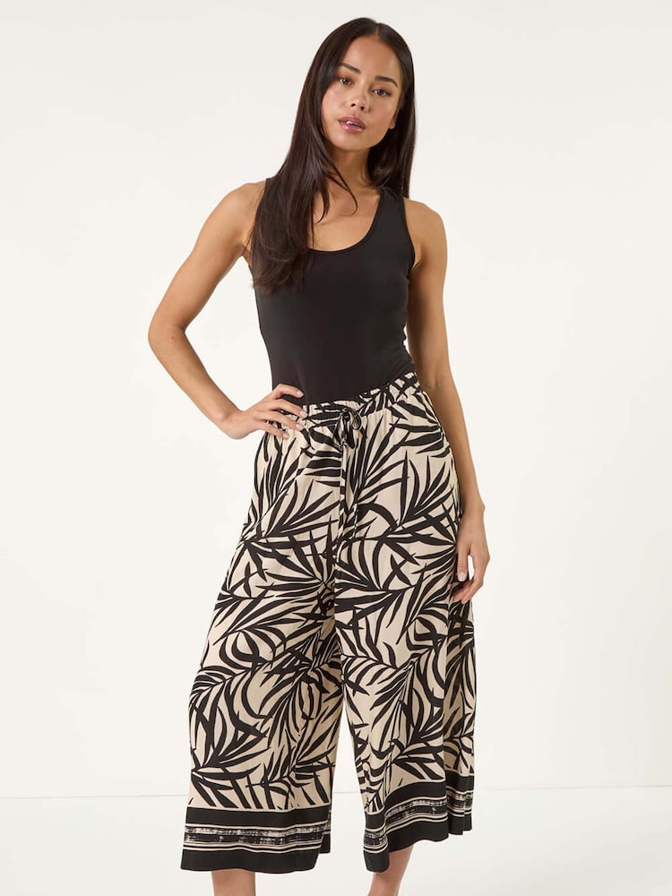Roman Black Petite Leaf Border Print Tie Waist Culottes - Image 2 of 5