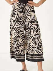 Roman Black Petite Leaf Border Print Tie Waist Culottes - Image 4 of 5