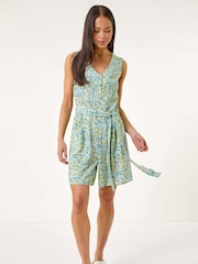 Roman Blue Petite Ditsy Print Tie Waist Playsuit - Image 2 of 5