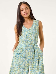 Roman Blue Petite Ditsy Print Tie Waist Playsuit - Image 4 of 5