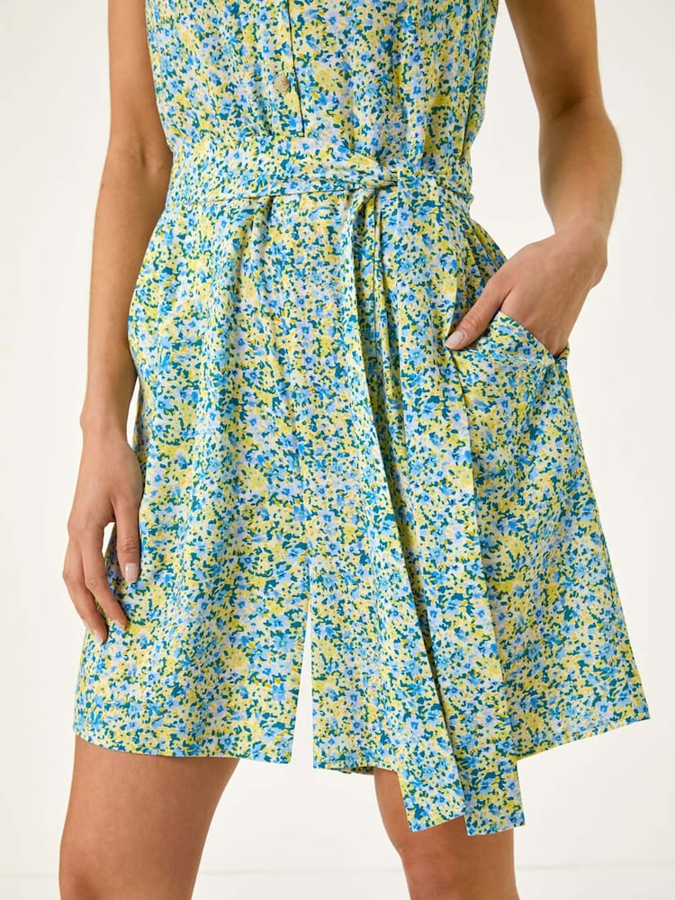 Roman Blue Petite Ditsy Print Tie Waist Playsuit - Image 5 of 5