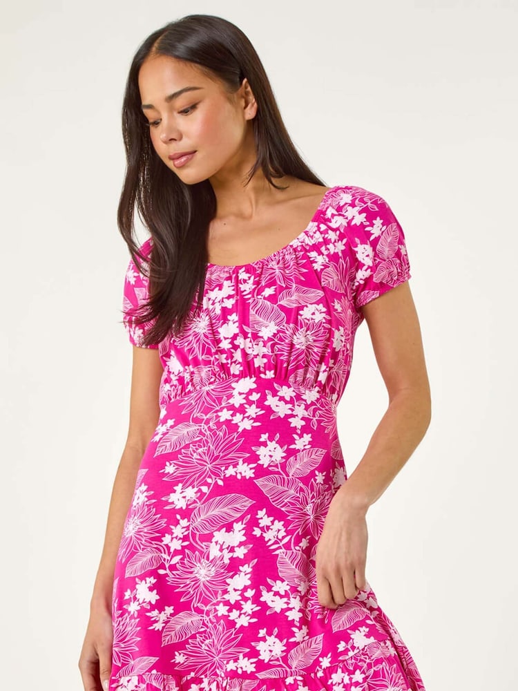 Roman Pink Petite Floral Print Frill Ruched Dress - Image 1 of 5